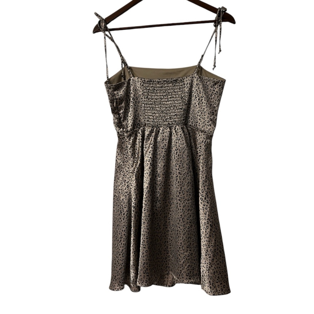 Socialite Satin Leopard Print Tie Strap Mini Dress Small | Smocked Back Animal - Picture 2 of 12